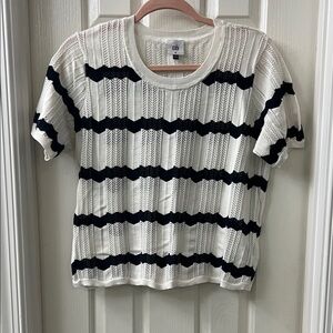 CAbi Navy & White Open-Knit Short Sleeve Tee